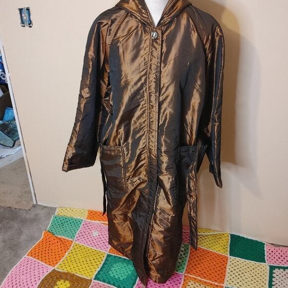 Newsport News Size 12 Bronze Shiny Long Acetate Nylon Coat Button Vintage Brown - Picture 3 of 16